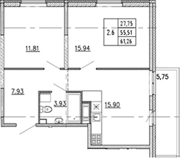2-комнатная квартира 55.51 м², 18/22 эт., ЖК «Новые горизонты 2»